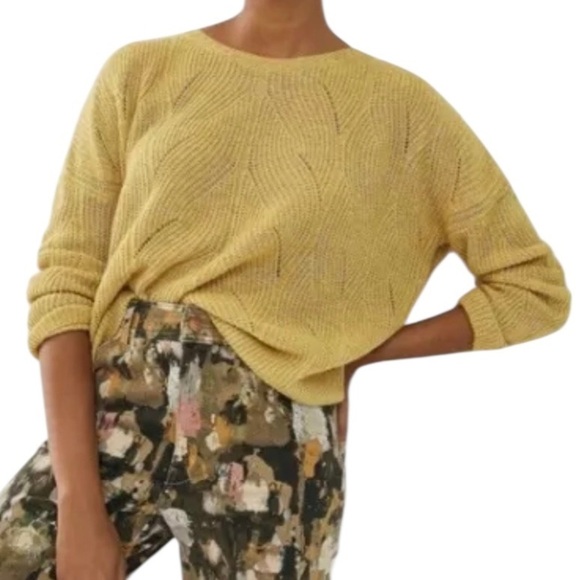 Anthropologie Sweaters - ANTHROPOLOGIE Women’s Open Weave Mustard Yellow Crew Neck Pullover Sweater XS